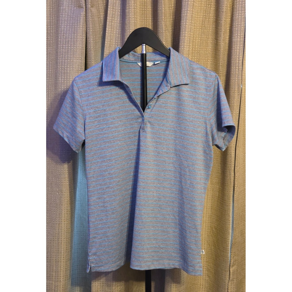 Lady Hagen Striped Open Collar Blouse Women's Size Medium Gray Blue Golf